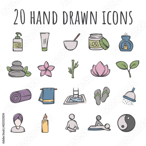 Simple vector set of color icons related to spa, beauty and health. Editable pictograms for website, application, design