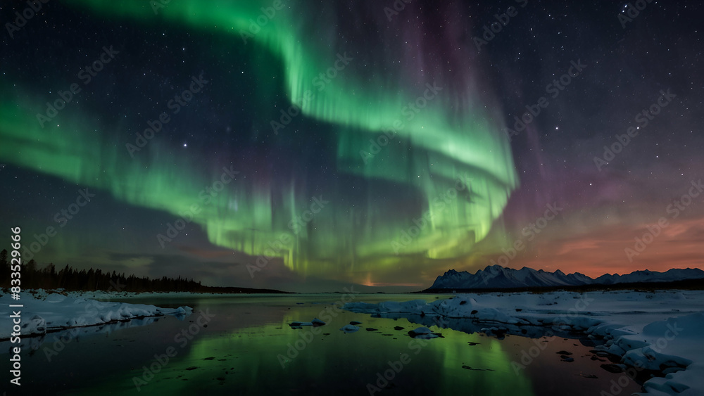 aurora lights background landscape with a river and a lot of green and purple aurora lights in the sky above the snow covered mountains and a body of water in the foreground. aurora lights background landscape with a river and a lot of green and purple aurora lights in the sky above the snow covered mountains and a body of water in the foreground.