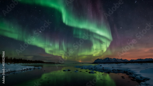 Wallpaper Mural aurora lights background landscape with a river and a lot of green and purple aurora lights in the sky above the snow covered mountains and a body of water in the foreground. Torontodigital.ca