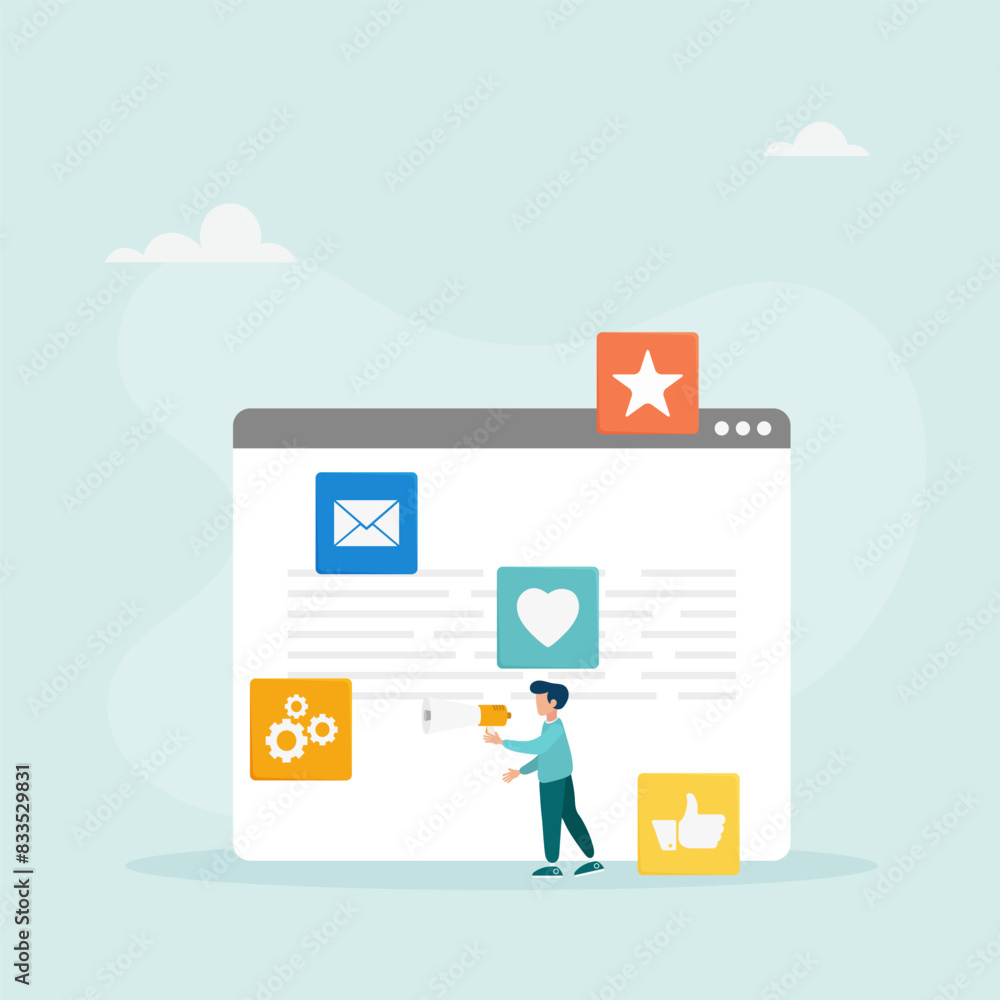 Web digital marketing concept. A male marketer attracts clients, conducts an advertising campaign on social networks. Vector illustration.
Web digital marketing concept. A male marketer attracts clients, conducts an advertising campaign on social networks. Vector illustration.