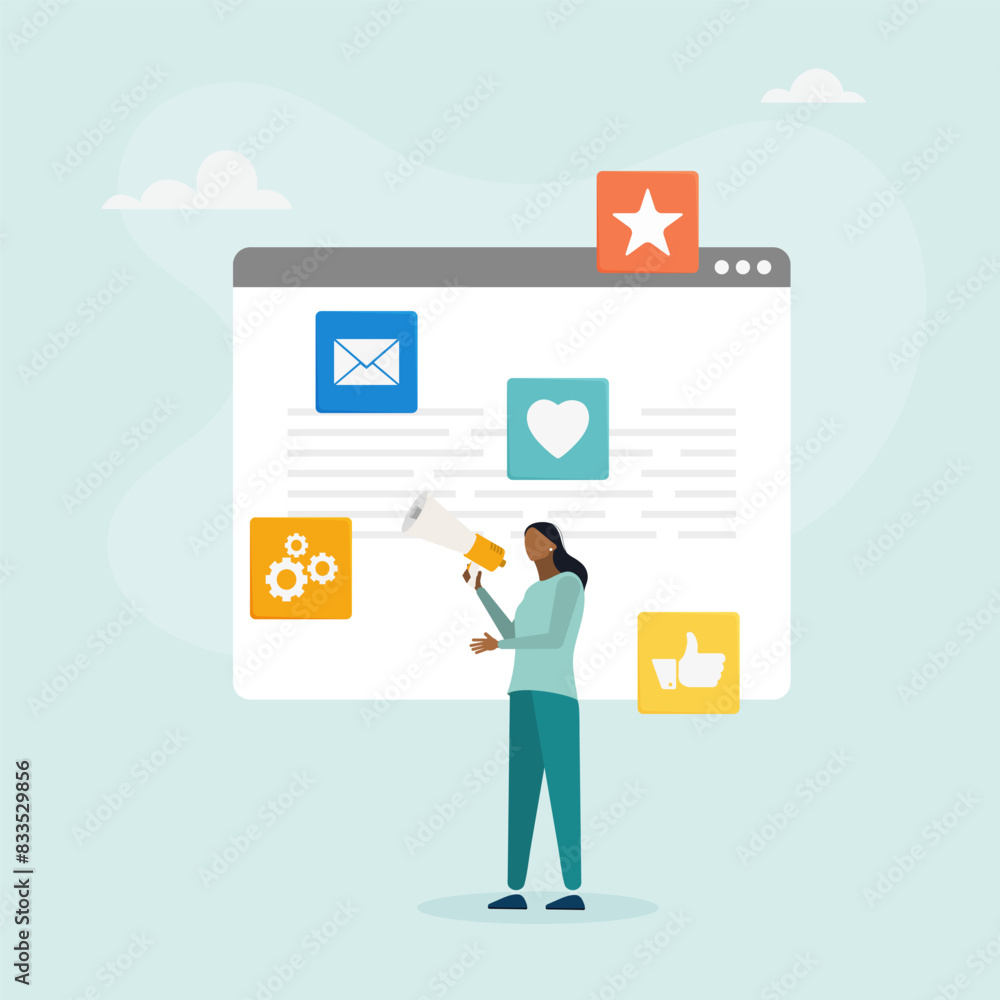 Web digital marketing concept. A marketing girl attracts clients and conducts an advertising campaign on social networks. Vector illustration.
Web digital marketing concept. A marketing girl attracts clients and conducts an advertising campaign on social networks. Vector illustration.