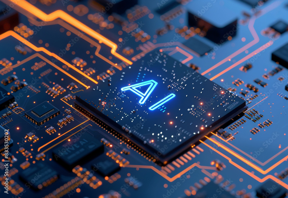 Motherboard or circuit board with processor, text written AI, concept of future technology and artificial intelligence