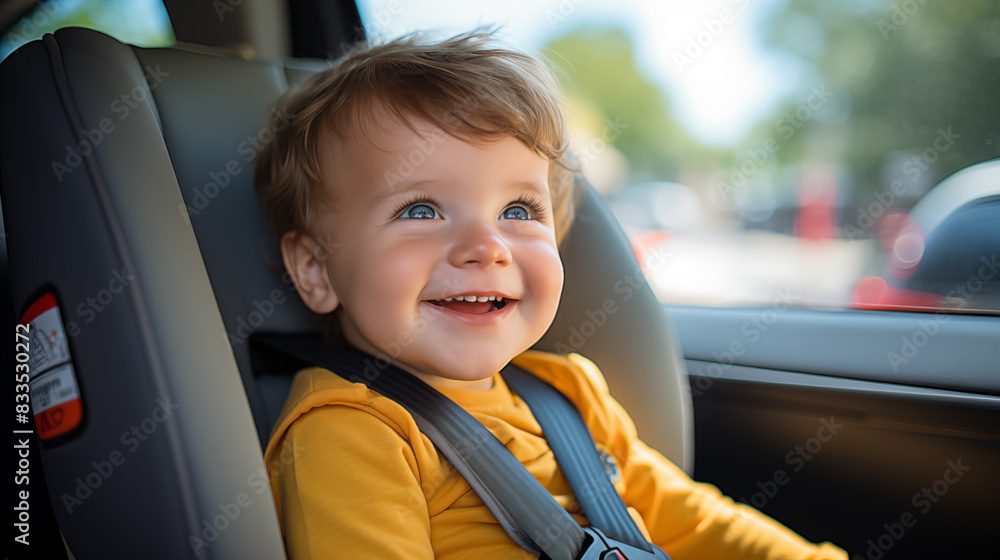happy baby sitting in his car seat. Boy sitting in a car in safety chair happy baby sitting in his car seat. Boy sitting in a car in safety chair