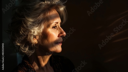 side lit image of a woman in her 40s, warm light, pro photography