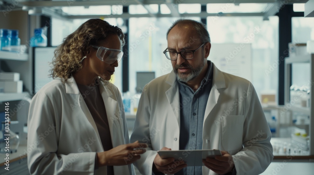 Fototapeta premium Expert Scientists Analyzing Data on Tablet in Modern Laboratory