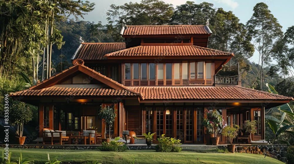Traditional Architecture: Featuring traditional Kerala architecture with sloping roof tiles and intricately carved wooden details, the mountain house seamlessly blends with its natural surroundings Traditional Architecture: Featuring traditional Kerala architecture with sloping roof tiles and intricately carved wooden details, the mountain house seamlessly blends with its natural surroundings