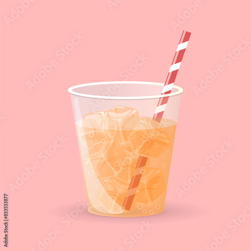 Ice cubes in orange drink with bubbles and straw. Vector design.