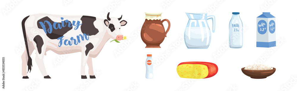 Cow and Milk Product and Dairy Fresh Food Item Vector Set Cow and Milk Product and Dairy Fresh Food Item Vector Set