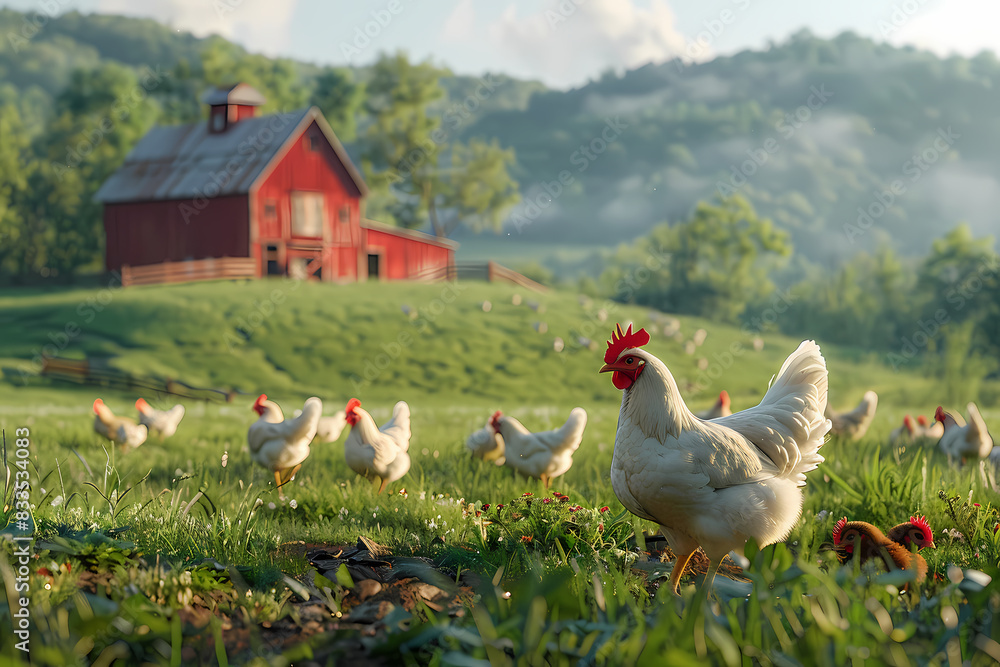 Morning on the Farm: Free-Range Chickens Roam in Picturesque Countryside Morning on the Farm: Free-Range Chickens Roam in Picturesque Countryside