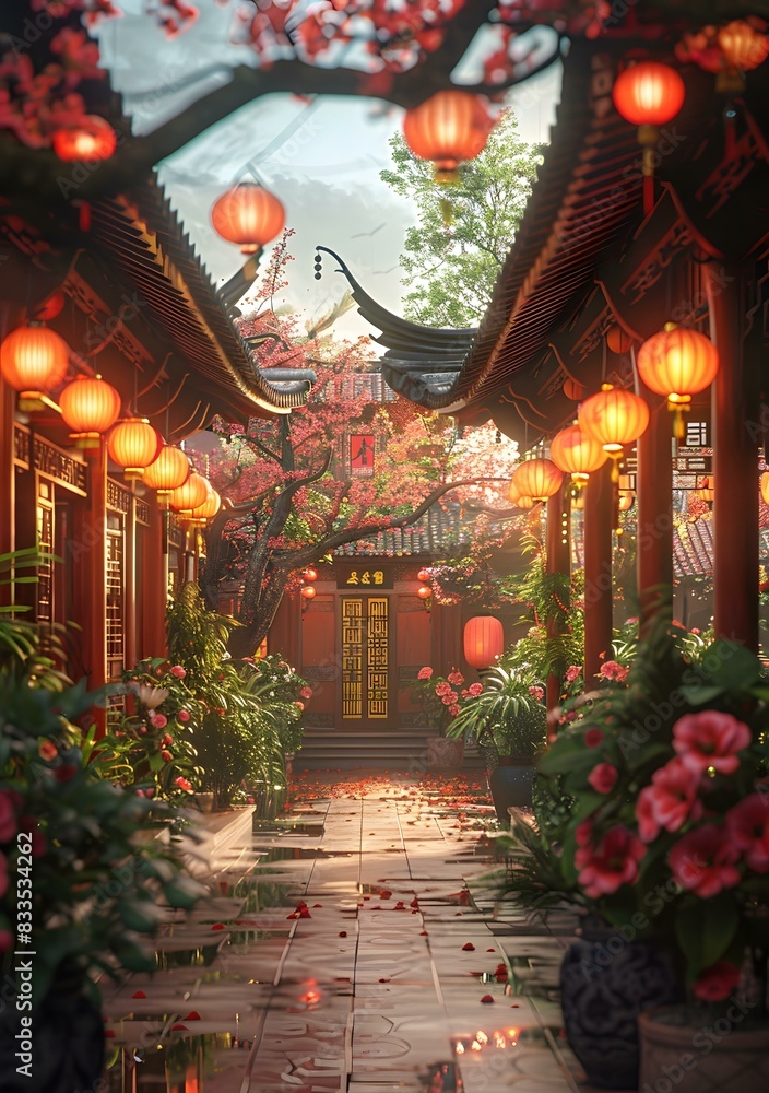 Fototapeta premium Chinese courtyard with red lanterns
