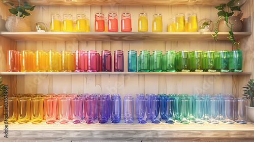 Colorful display of various glasses and bottles on wooden shelves organized by shade in a cozy setting with warm lighting. photo