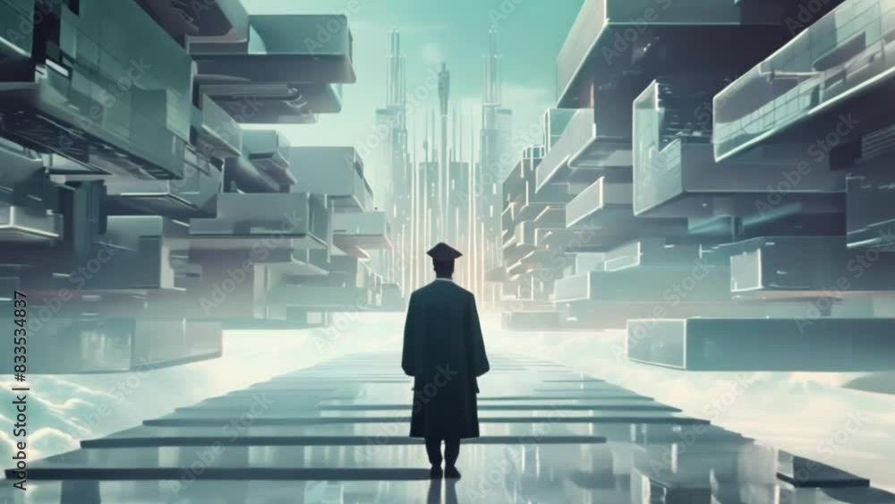 A university graduate in a cap and gown stands on a reflective pathway in a futuristic, modern campus with a bright, sky-lit backdrop. A university graduate in a cap and gown stands on a reflective pathway in a futuristic, modern campus with a bright, sky-lit backdrop.