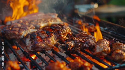 Evening Bar-B-Q with Friends Enjoying Pork, Roasted Lamb, and Spicy Chicken  photo