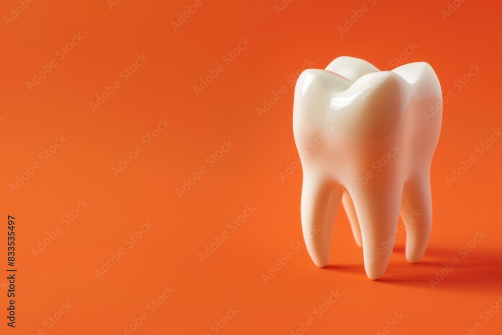 Healthy white tooth model on orange background with room for text. Dental hygiene and medical services Healthy white tooth model on orange background with room for text. Dental hygiene and medical services