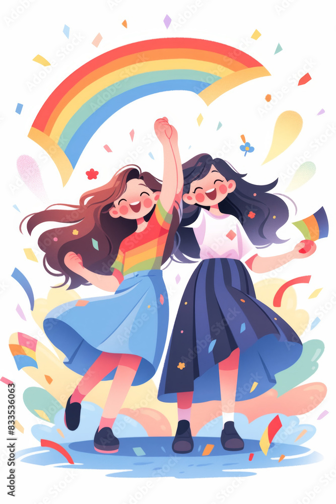 Fototapeta premium LGBT friend and couples with happiness and smile, Pride month , gay and lesbian relationship. Rainbow and balloon Pride element with white background. 
