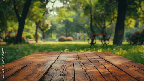 Stylish Wooden Table in a Park with Green Grass and Floral Decoration 