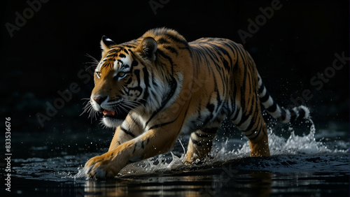 Tiger Playing in the Water in a Green Forest Stream majestic tiger playfully splashing water in a vibrant green forest stream. This powerful and dangerous animal showcases its wild nature and beauty 