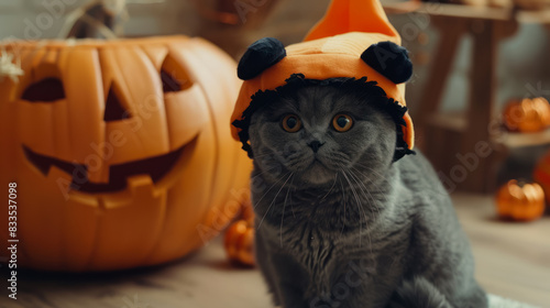 dark grey scottish fold cat wearing pumpkin hat with jack o antern indoors photo