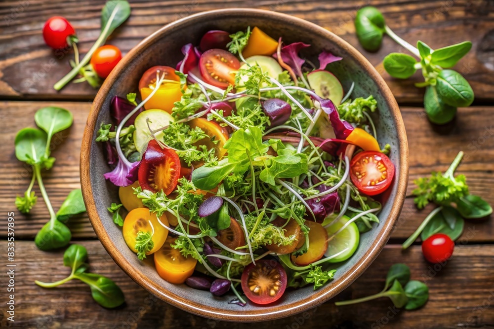 A top-down view of a salad bowl garnished with microgreens, showcasing their use in culinary dishes and their vibrant addition to meals. A top-down view of a salad bowl garnished with microgreens, showcasing their use in culinary dishes and their vibrant addition to meals.