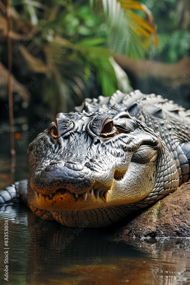 Fototapeta premium a close-up view of an alligator's head, emphasizing its textured skin and sharp teeth in water