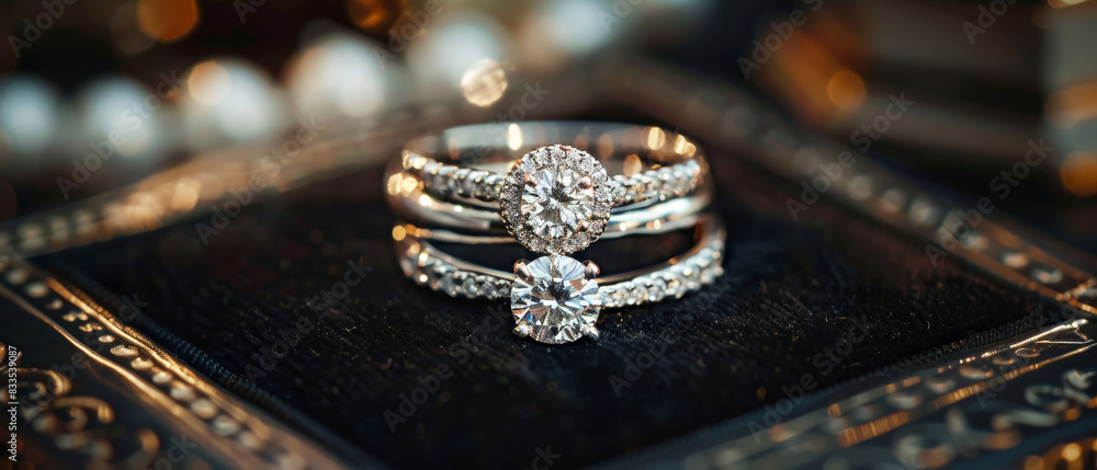 Sparkling diamond rings on a black velvet pad Sparkling diamond rings on a black velvet pad