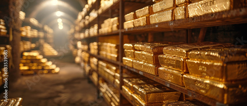 Stacks of gold ingots in a secure vault photo