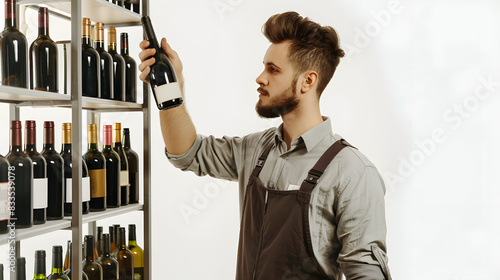 Indoor shot of experienced male sommelier taking wine bottle from shelf, choosing perfect variant for visitor based on his requests. training for beginners wine experts isolated on white background, s photo