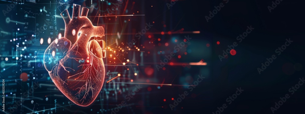 Obraz premium Futuristic heart hologram displaying health data in a high-tech scene