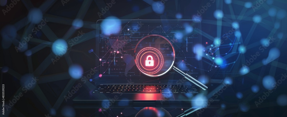 Innovative cyber security concept with a glowing padlock icon over a laptop Innovative cyber security concept with a glowing padlock icon over a laptop