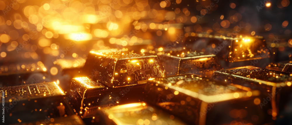 Gold bars glimmering under bright lights Gold bars glimmering under bright lights