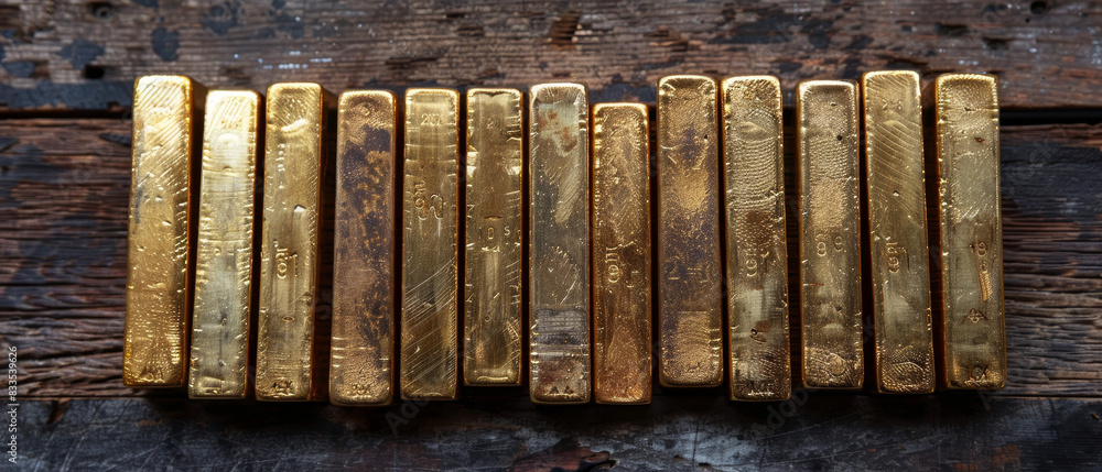 Gold bars arranged for inspection Gold bars arranged for inspection