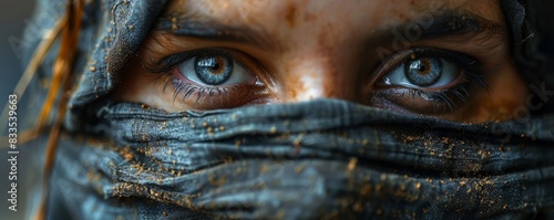Intense gaze from a woman with face partially obscured by a textured scarf