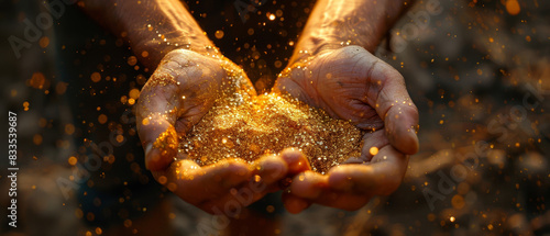 Glittering gold dust in a prospectors hands photo