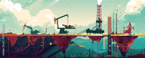 Illustrative view of oil drilling impact on environment with underground view photo