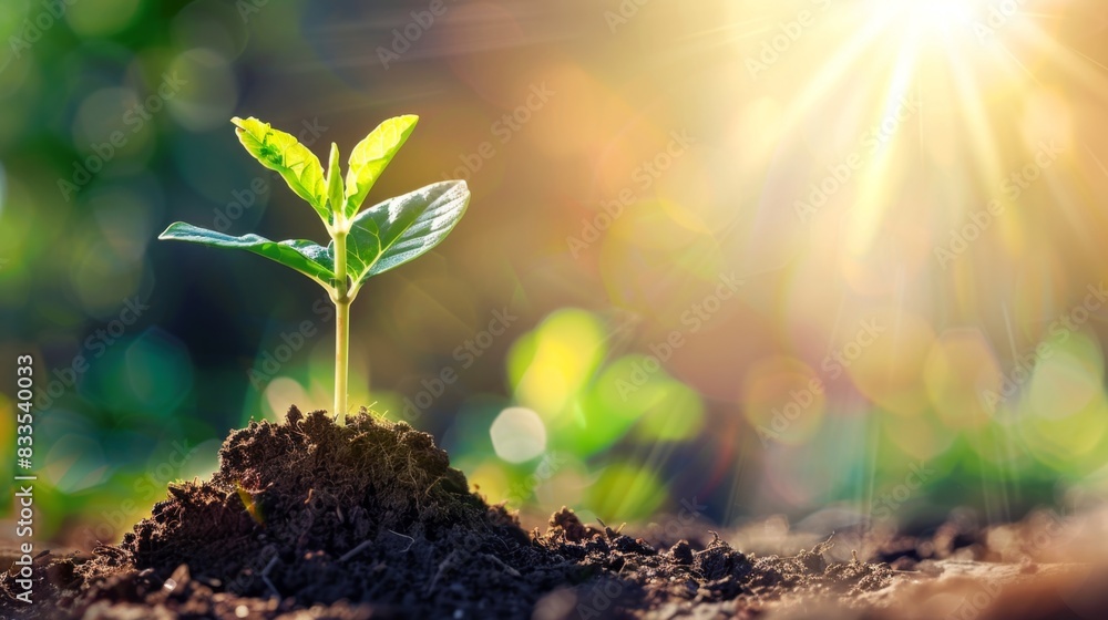 A seedling and plant are seen thriving in soil surrounded by open space to insert text or other elements. Creative banner. Copyspace image A seedling and plant are seen thriving in soil surrounded by open space to insert text or other elements. Creative banner. Copyspace image