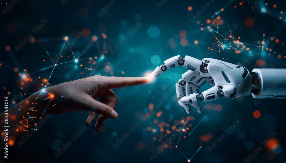 A robot hand is touching a human hand by AI generated image A robot hand is touching a human hand by AI generated image