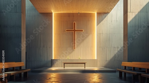 Minimalist interior of a church with a wooden cross on the wall and a bench with warm light 