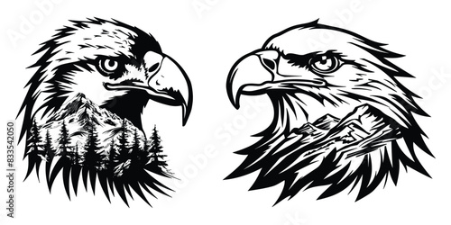 Eagle head vector set.  Bird mascot icon, logo, eagle head with mountain landscape inside