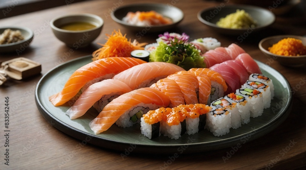 Plate with variety of sushi, sashimi and maki in the asian restaurant Plate with variety of sushi, sashimi and maki in the asian restaurant