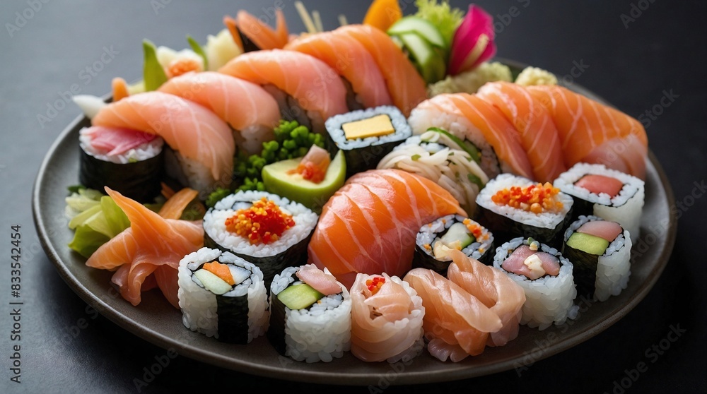 Plate with variety of sushi, sashimi and maki in the asian restaurant Plate with variety of sushi, sashimi and maki in the asian restaurant