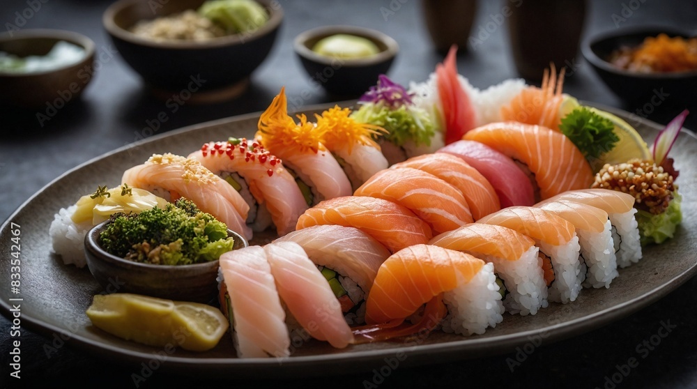 Plate with variety of sushi, sashimi and maki in the asian restaurant Plate with variety of sushi, sashimi and maki in the asian restaurant
