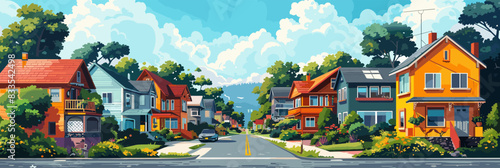 A vibrant illustration of a sunny neighborhood street lined with colorful houses and lush greenery, depicting a peaceful suburban scene. Flat vector illustration.
