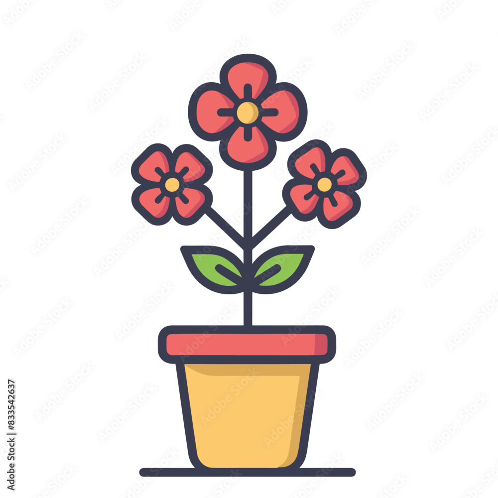 Red flowers with green leaves in a yellow pot, illustrated with clean lines and vibrant colors. Flat vector illustration. Red flowers with green leaves in a yellow pot, illustrated with clean lines and vibrant colors. Flat vector illustration.