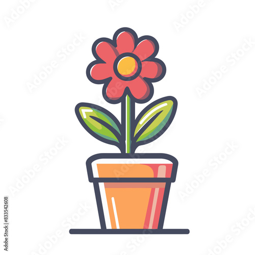 A red flower with green leaves in a terracotta pot, illustrated with clean lines and vibrant colors. Flat vector illustration.