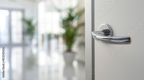 Modern door handle on light interior. Blurred room and natural sunlight in the background. Closeup of front view with copy space