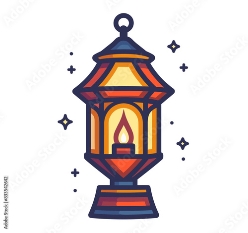 A decorative lantern with a lit candle inside, depicted with elegant designs and vibrant hues. Flat vector illustration.