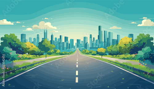 A city skyline with numerous skyscrapers seen from a road lined with green trees and bushes, illustrated with bright colors and clean lines. Flat vector illustration.