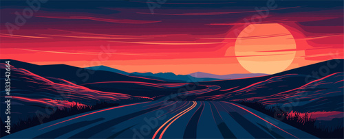 A winding road through mountains at sunset, with the sky ablaze in shades of red and orange, creating a dramatic and stunning view. Flat vector illustration