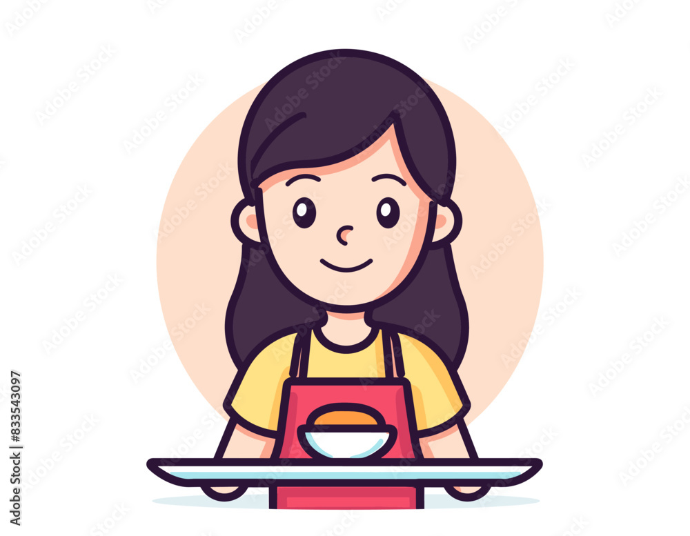 A smiling girl holding a tray with a bowl of food, wearing a yellow shirt and red apron. Flat vector illustration. A smiling girl holding a tray with a bowl of food, wearing a yellow shirt and red apron. Flat vector illustration.