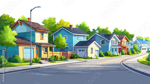 Colorful houses along a suburban street with trees and greenery. Flat vector illustration.